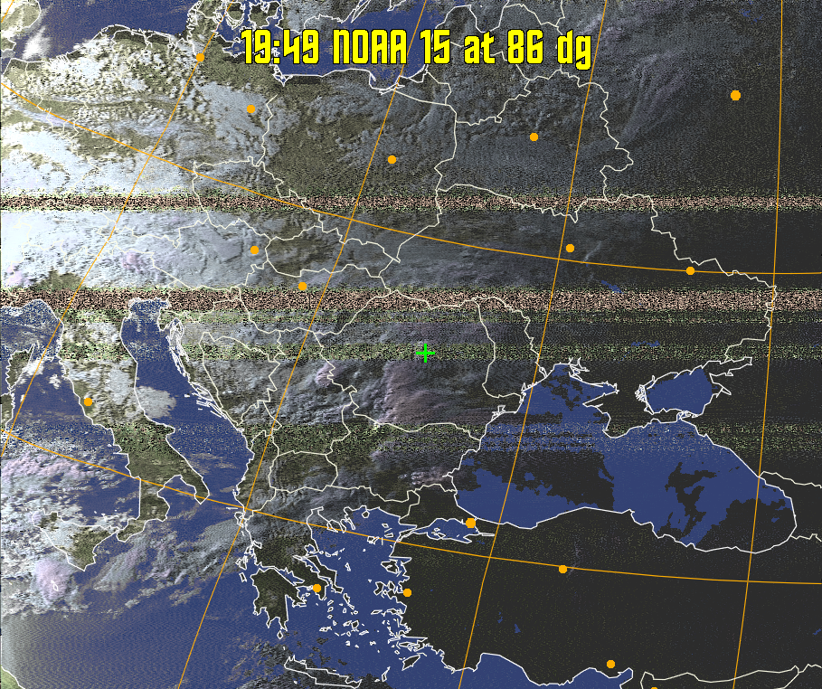HVCT:
Similar to HVC, but with blue water and with colours more indicative of
land temperatures.
HVC:
Creates a false colour image from NOAA APT images based on temperature using
the HVC colour model. Uses the temperature derived from the sensor 4 image to
select the hue and the brightness from the histogram equalised other image to
select the value and chroma. The HVC colour model attempts to ensure that different colours at the same value will appear to the eye to be the same brightness
and the spacing between colours representing each degree will appear to the eye to
be similar. Bright areas are completely unsaturated in this model.