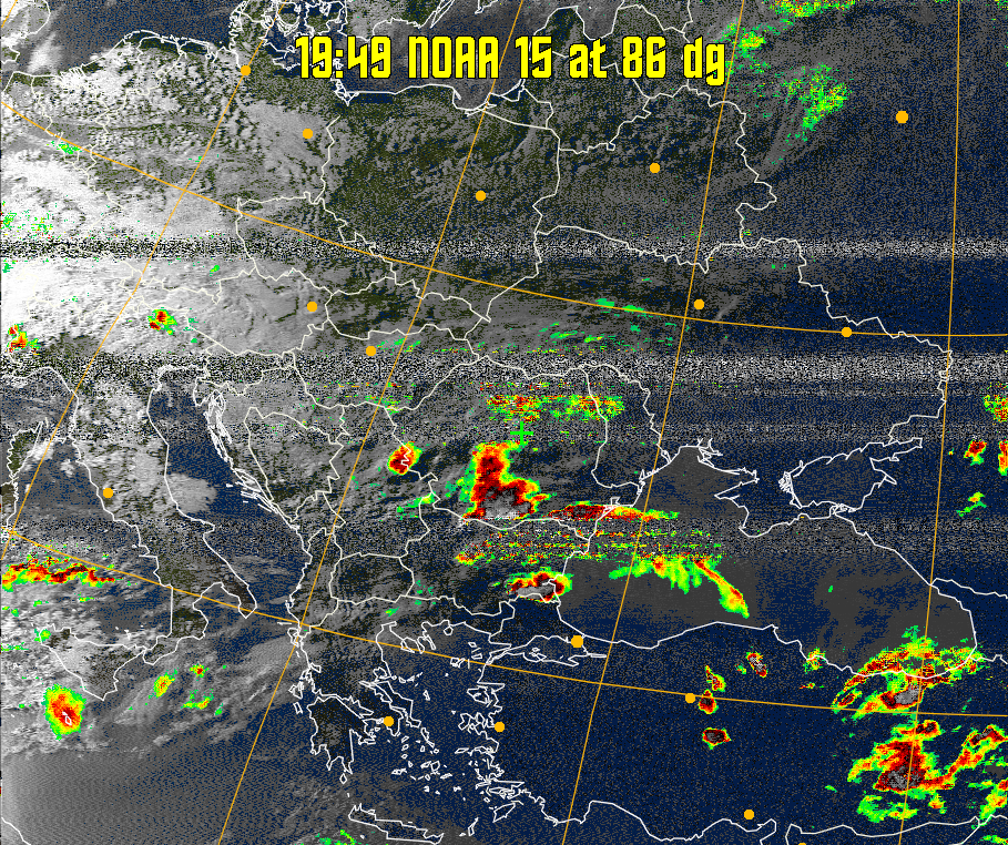 MSA-precip:
Same as MSA multispectral analysis, but high cold cloud tops are coloured the
same as the NO enhancement to give an approximate indication of the probability
and intensity of precipitation.