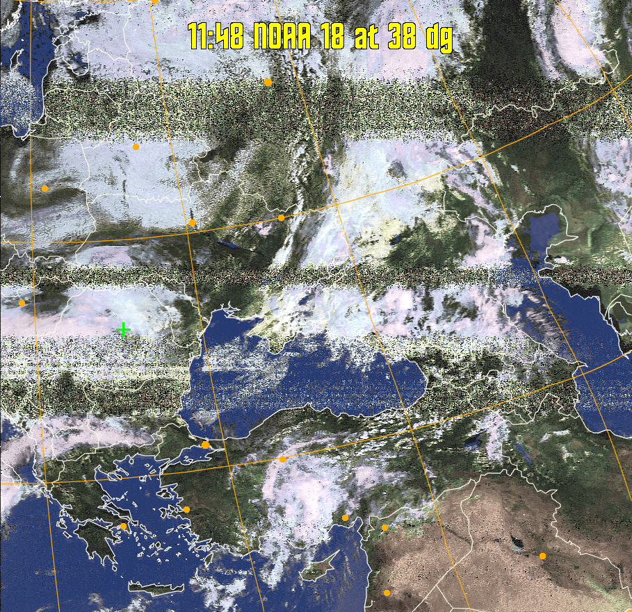 HVCT:
Similar to HVC, but with blue water and with colours more indicative of
land temperatures.
HVC:
Creates a false colour image from NOAA APT images based on temperature using
the HVC colour model. Uses the temperature derived from the sensor 4 image to
select the hue and the brightness from the histogram equalised other image to
select the value and chroma. The HVC colour model attempts to ensure that different colours at the same value will appear to the eye to be the same brightness
and the spacing between colours representing each degree will appear to the eye to
be similar. Bright areas are completely unsaturated in this model.