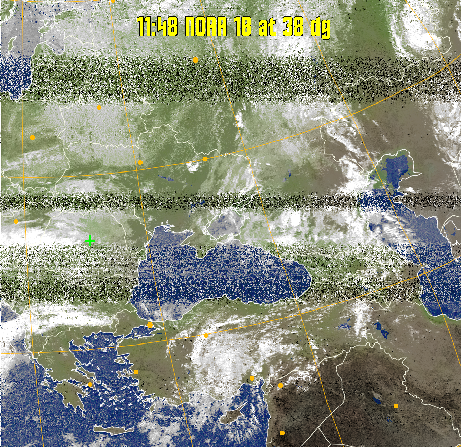 MCIR-precip: 
Colours the NOAA sensor 4 IR image using a map to colour the sea blue and land
green. High clouds appear white, lower clouds gray or land/sea coloured, clouds
generally appear lighter, but distinguishing between land/sea and low cloud may
be difficult. Darker colours indicate warmer regions.