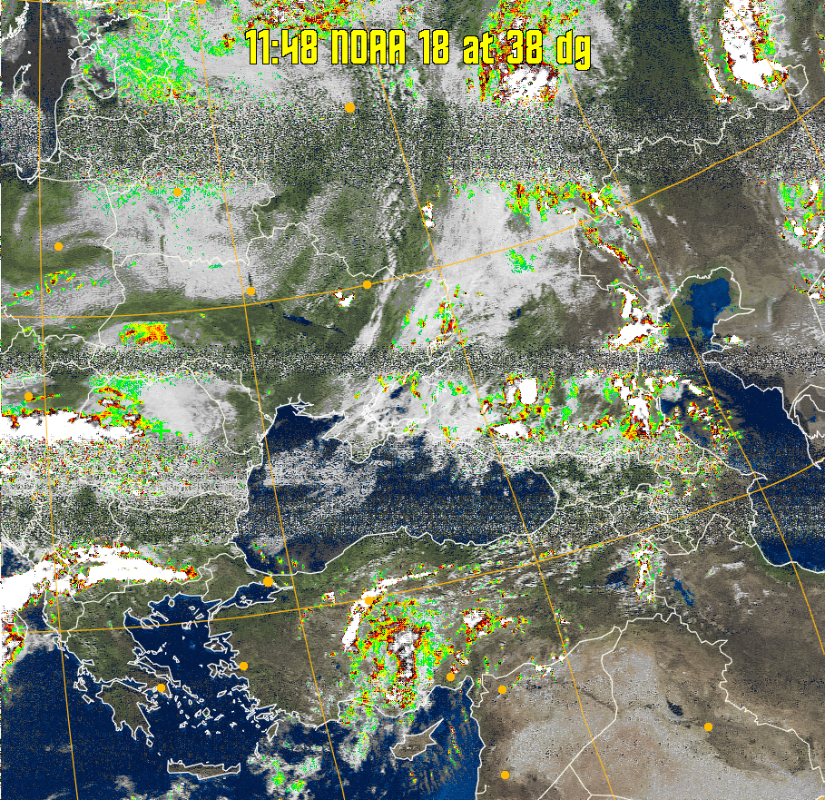 MSA-precip:
Same as MSA multispectral analysis, but high cold cloud tops are coloured the
same as the NO enhancement to give an approximate indication of the probability
and intensity of precipitation.