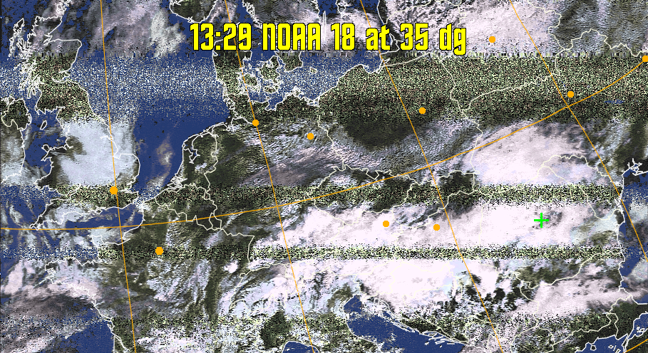 HVCT:
Similar to HVC, but with blue water and with colours more indicative of
land temperatures.
HVC:
Creates a false colour image from NOAA APT images based on temperature using
the HVC colour model. Uses the temperature derived from the sensor 4 image to
select the hue and the brightness from the histogram equalised other image to
select the value and chroma. The HVC colour model attempts to ensure that different colours at the same value will appear to the eye to be the same brightness
and the spacing between colours representing each degree will appear to the eye to
be similar. Bright areas are completely unsaturated in this model.