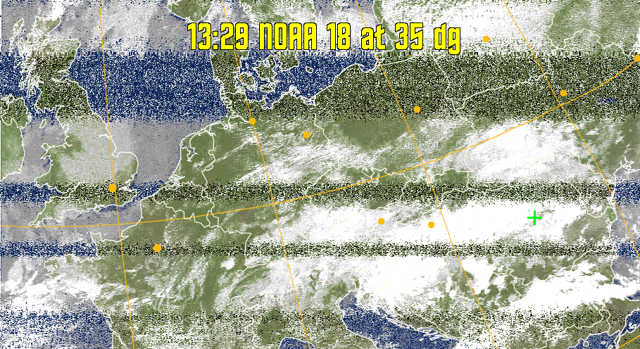 MCIR-precip: 
Colours the NOAA sensor 4 IR image using a map to colour the sea blue and land
green. High clouds appear white, lower clouds gray or land/sea coloured, clouds
generally appear lighter, but distinguishing between land/sea and low cloud may
be difficult. Darker colours indicate warmer regions.