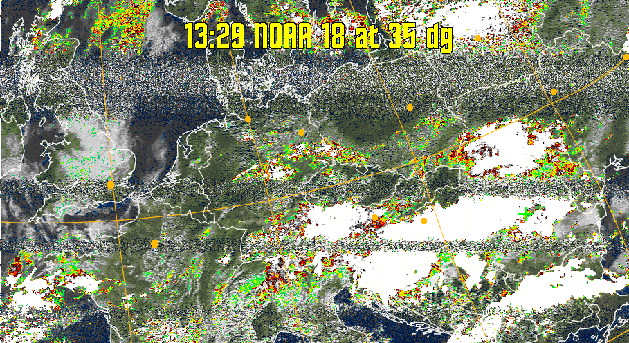 MSA-precip:
Same as MSA multispectral analysis, but high cold cloud tops are coloured the
same as the NO enhancement to give an approximate indication of the probability
and intensity of precipitation.