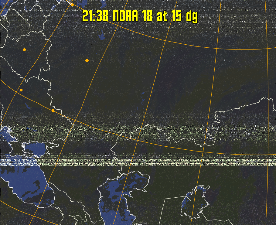 HVCT:
Similar to HVC, but with blue water and with colours more indicative of
land temperatures.
HVC:
Creates a false colour image from NOAA APT images based on temperature using
the HVC colour model. Uses the temperature derived from the sensor 4 image to
select the hue and the brightness from the histogram equalised other image to
select the value and chroma. The HVC colour model attempts to ensure that different colours at the same value will appear to the eye to be the same brightness
and the spacing between colours representing each degree will appear to the eye to
be similar. Bright areas are completely unsaturated in this model.