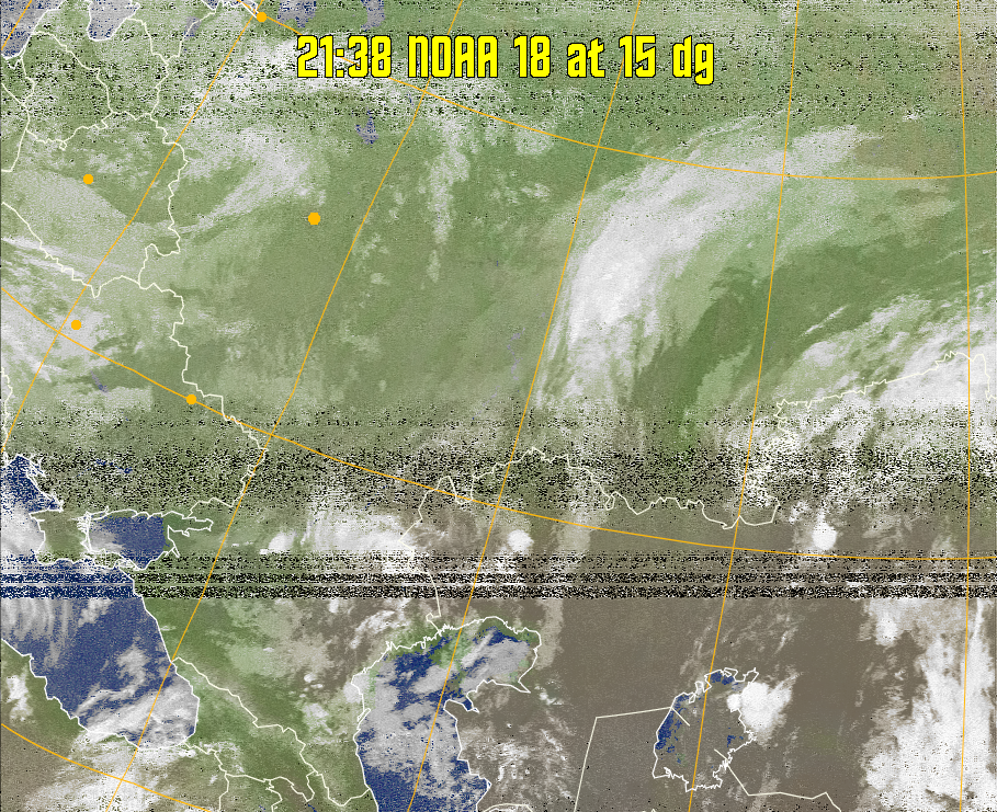 MCIR-precip: 
Colours the NOAA sensor 4 IR image using a map to colour the sea blue and land
green. High clouds appear white, lower clouds gray or land/sea coloured, clouds
generally appear lighter, but distinguishing between land/sea and low cloud may
be difficult. Darker colours indicate warmer regions.