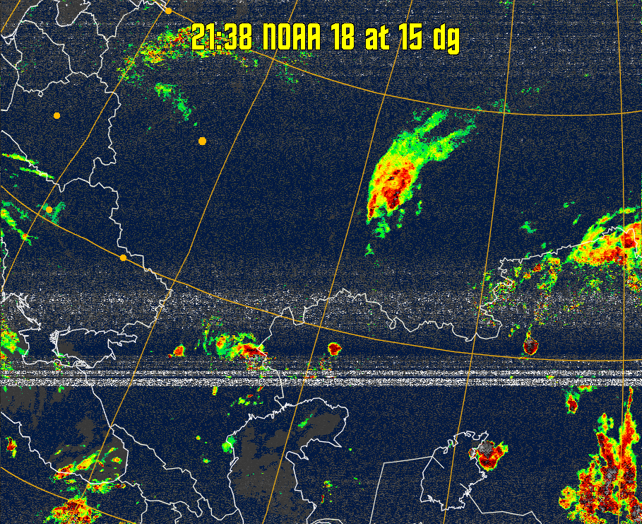 MSA-precip:
Same as MSA multispectral analysis, but high cold cloud tops are coloured the
same as the NO enhancement to give an approximate indication of the probability
and intensity of precipitation.