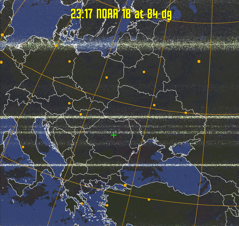 HVCT:
Similar to HVC, but with blue water and with colours more indicative of
land temperatures.
HVC:
Creates a false colour image from NOAA APT images based on temperature using
the HVC colour model. Uses the temperature derived from the sensor 4 image to
select the hue and the brightness from the histogram equalised other image to
select the value and chroma. The HVC colour model attempts to ensure that different colours at the same value will appear to the eye to be the same brightness
and the spacing between colours representing each degree will appear to the eye to
be similar. Bright areas are completely unsaturated in this model.