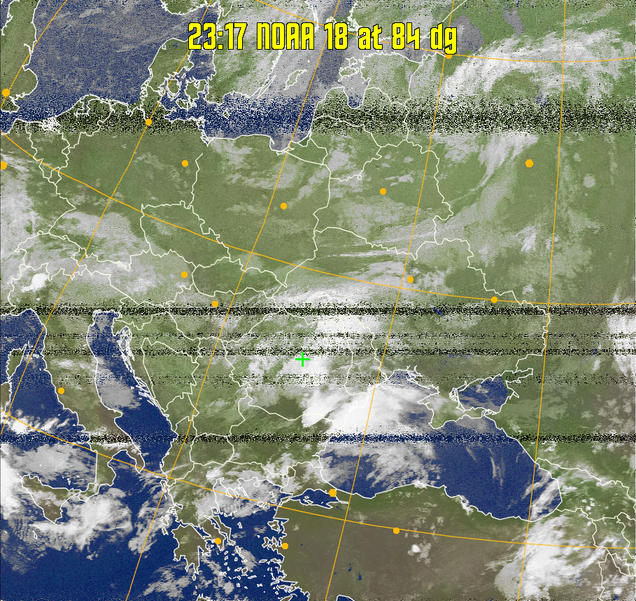 MCIR-precip: 
Colours the NOAA sensor 4 IR image using a map to colour the sea blue and land
green. High clouds appear white, lower clouds gray or land/sea coloured, clouds
generally appear lighter, but distinguishing between land/sea and low cloud may
be difficult. Darker colours indicate warmer regions.