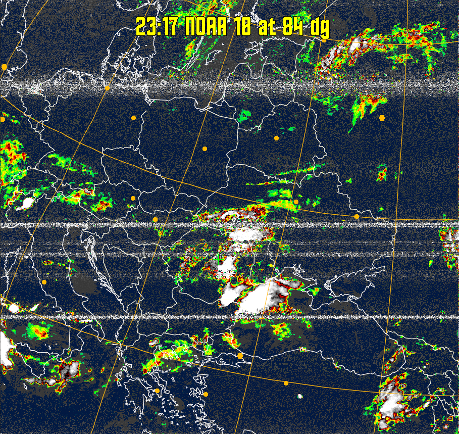 MSA-precip:
Same as MSA multispectral analysis, but high cold cloud tops are coloured the
same as the NO enhancement to give an approximate indication of the probability
and intensity of precipitation.