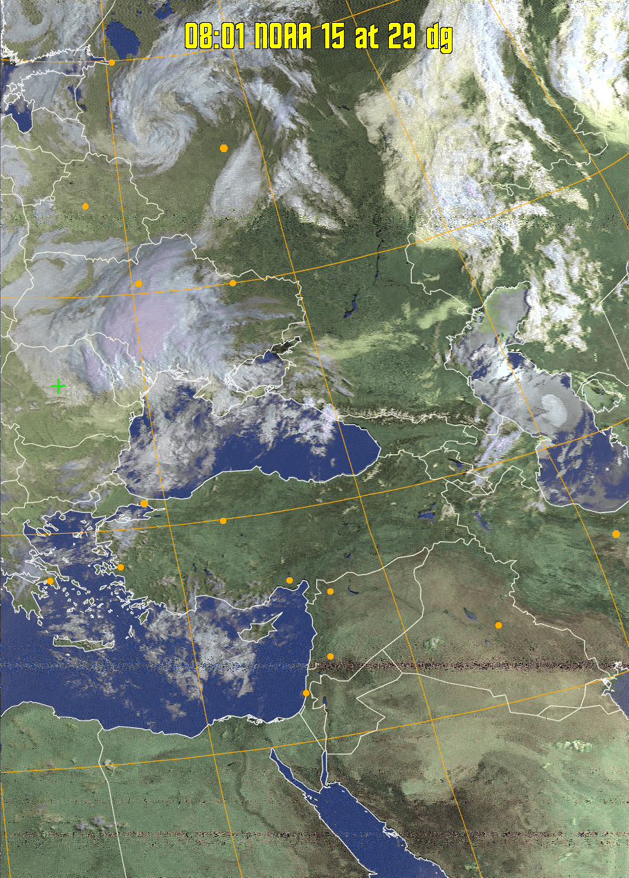 HVCT:
Similar to HVC, but with blue water and with colours more indicative of
land temperatures.
HVC:
Creates a false colour image from NOAA APT images based on temperature using
the HVC colour model. Uses the temperature derived from the sensor 4 image to
select the hue and the brightness from the histogram equalised other image to
select the value and chroma. The HVC colour model attempts to ensure that different colours at the same value will appear to the eye to be the same brightness
and the spacing between colours representing each degree will appear to the eye to
be similar. Bright areas are completely unsaturated in this model.