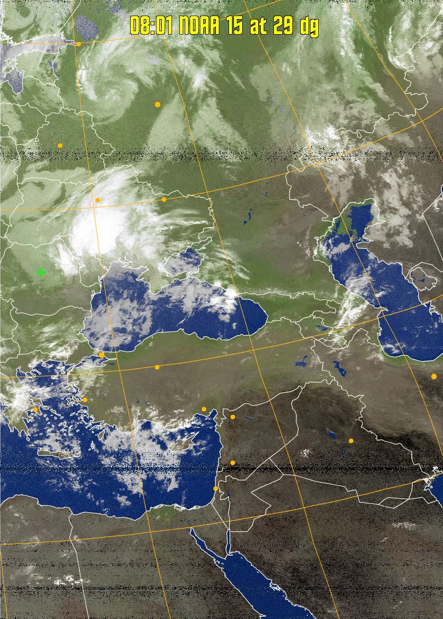 MCIR-precip: 
Colours the NOAA sensor 4 IR image using a map to colour the sea blue and land
green. High clouds appear white, lower clouds gray or land/sea coloured, clouds
generally appear lighter, but distinguishing between land/sea and low cloud may
be difficult. Darker colours indicate warmer regions.