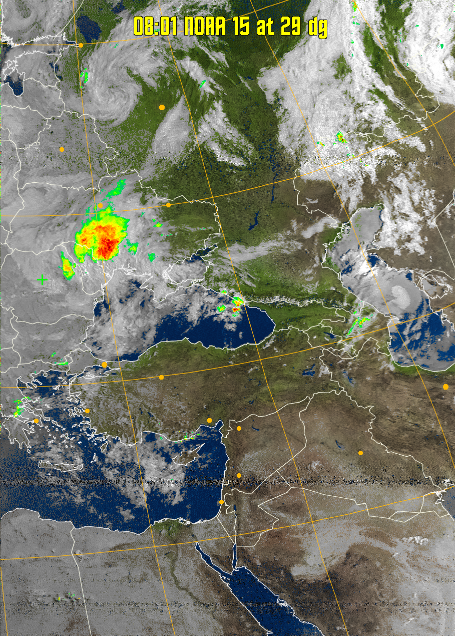 MSA-precip:
Same as MSA multispectral analysis, but high cold cloud tops are coloured the
same as the NO enhancement to give an approximate indication of the probability
and intensity of precipitation.