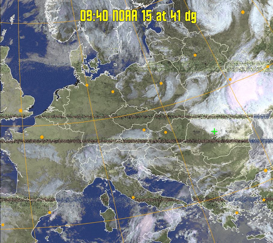 HVCT:
Similar to HVC, but with blue water and with colours more indicative of
land temperatures.
HVC:
Creates a false colour image from NOAA APT images based on temperature using
the HVC colour model. Uses the temperature derived from the sensor 4 image to
select the hue and the brightness from the histogram equalised other image to
select the value and chroma. The HVC colour model attempts to ensure that different colours at the same value will appear to the eye to be the same brightness
and the spacing between colours representing each degree will appear to the eye to
be similar. Bright areas are completely unsaturated in this model.