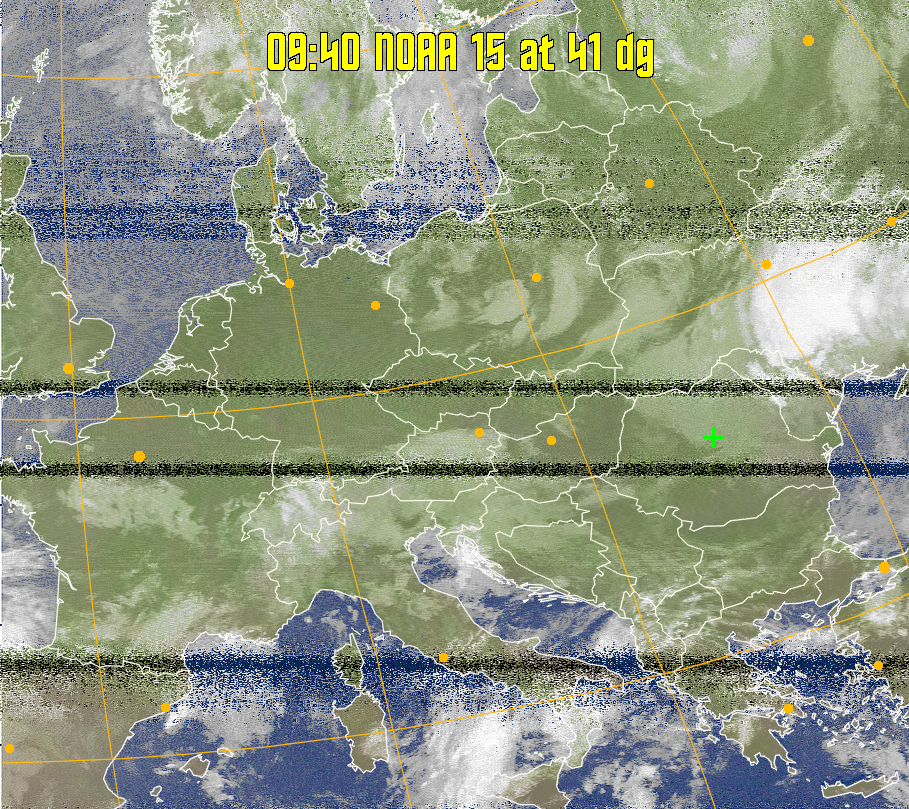 MCIR-precip: 
Colours the NOAA sensor 4 IR image using a map to colour the sea blue and land
green. High clouds appear white, lower clouds gray or land/sea coloured, clouds
generally appear lighter, but distinguishing between land/sea and low cloud may
be difficult. Darker colours indicate warmer regions.