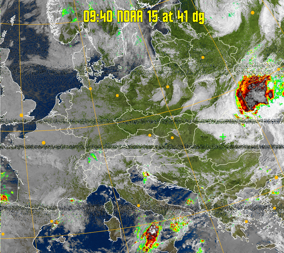 MSA-precip:
Same as MSA multispectral analysis, but high cold cloud tops are coloured the
same as the NO enhancement to give an approximate indication of the probability
and intensity of precipitation.