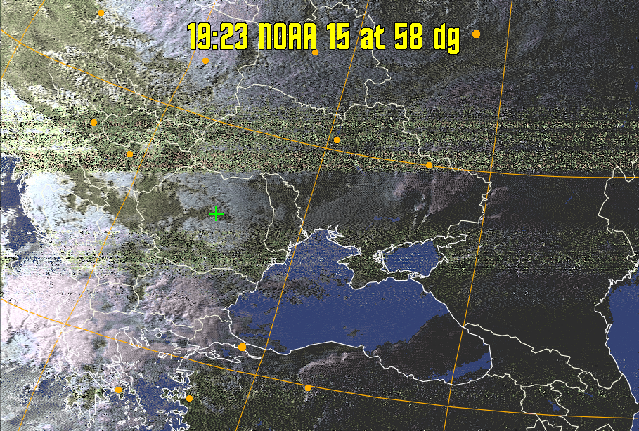 HVCT:
Similar to HVC, but with blue water and with colours more indicative of
land temperatures.
HVC:
Creates a false colour image from NOAA APT images based on temperature using
the HVC colour model. Uses the temperature derived from the sensor 4 image to
select the hue and the brightness from the histogram equalised other image to
select the value and chroma. The HVC colour model attempts to ensure that different colours at the same value will appear to the eye to be the same brightness
and the spacing between colours representing each degree will appear to the eye to
be similar. Bright areas are completely unsaturated in this model.