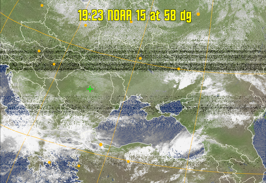 MCIR-precip: 
Colours the NOAA sensor 4 IR image using a map to colour the sea blue and land
green. High clouds appear white, lower clouds gray or land/sea coloured, clouds
generally appear lighter, but distinguishing between land/sea and low cloud may
be difficult. Darker colours indicate warmer regions.