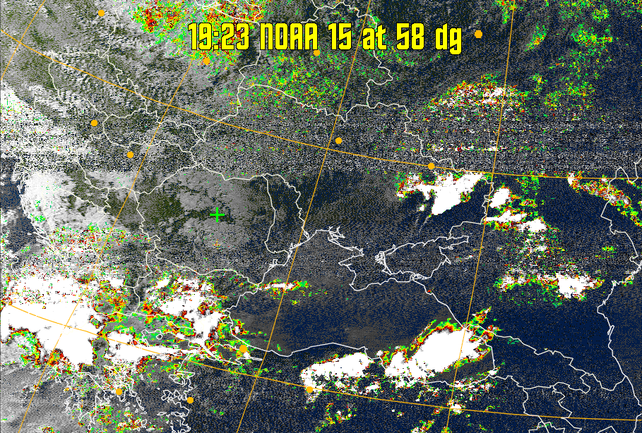 MSA-precip:
Same as MSA multispectral analysis, but high cold cloud tops are coloured the
same as the NO enhancement to give an approximate indication of the probability
and intensity of precipitation.