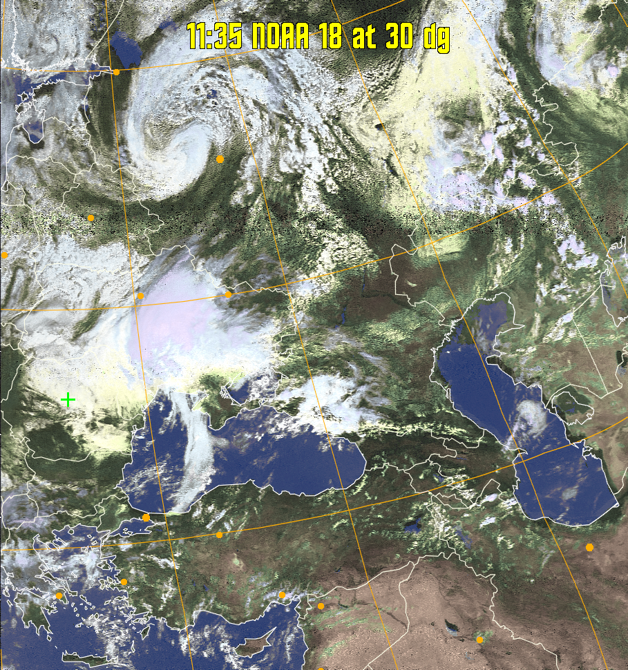 HVCT:
Similar to HVC, but with blue water and with colours more indicative of
land temperatures.
HVC:
Creates a false colour image from NOAA APT images based on temperature using
the HVC colour model. Uses the temperature derived from the sensor 4 image to
select the hue and the brightness from the histogram equalised other image to
select the value and chroma. The HVC colour model attempts to ensure that different colours at the same value will appear to the eye to be the same brightness
and the spacing between colours representing each degree will appear to the eye to
be similar. Bright areas are completely unsaturated in this model.