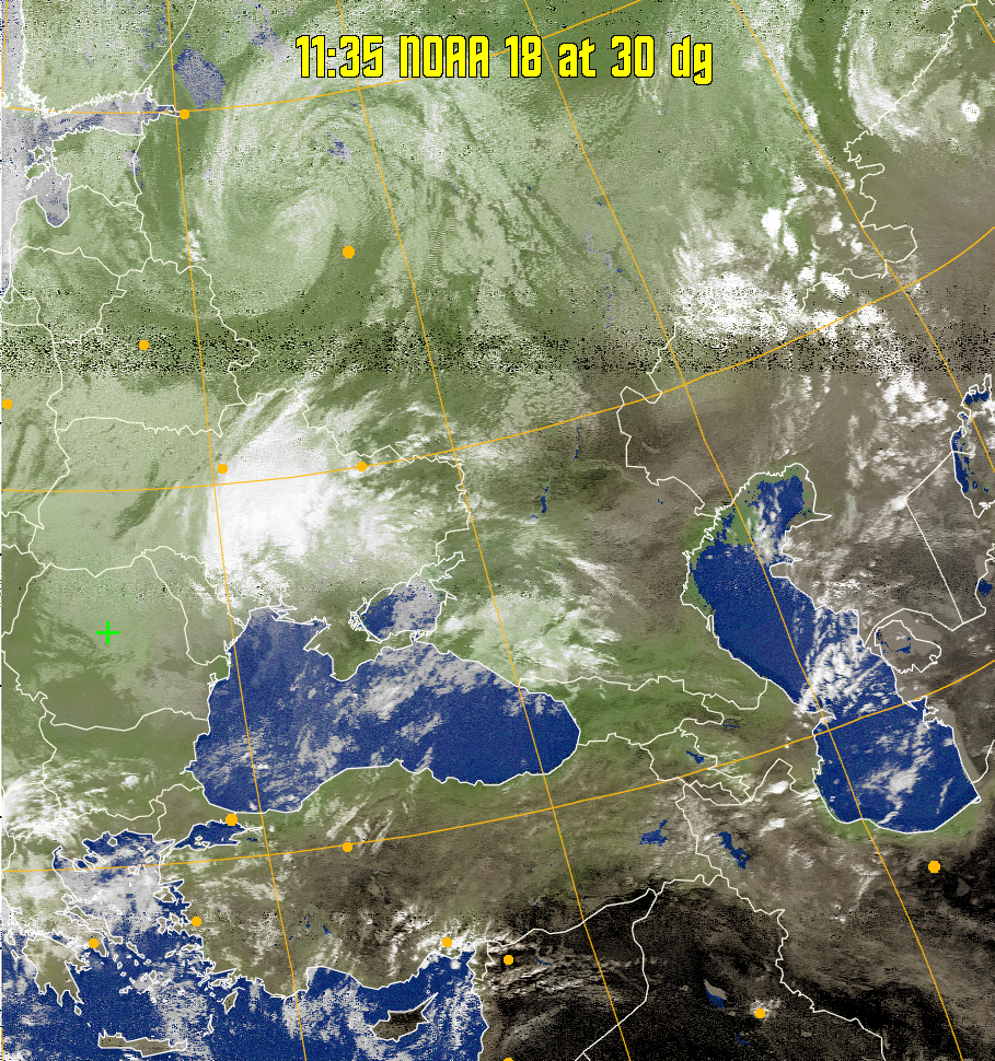 MCIR-precip: 
Colours the NOAA sensor 4 IR image using a map to colour the sea blue and land
green. High clouds appear white, lower clouds gray or land/sea coloured, clouds
generally appear lighter, but distinguishing between land/sea and low cloud may
be difficult. Darker colours indicate warmer regions.
