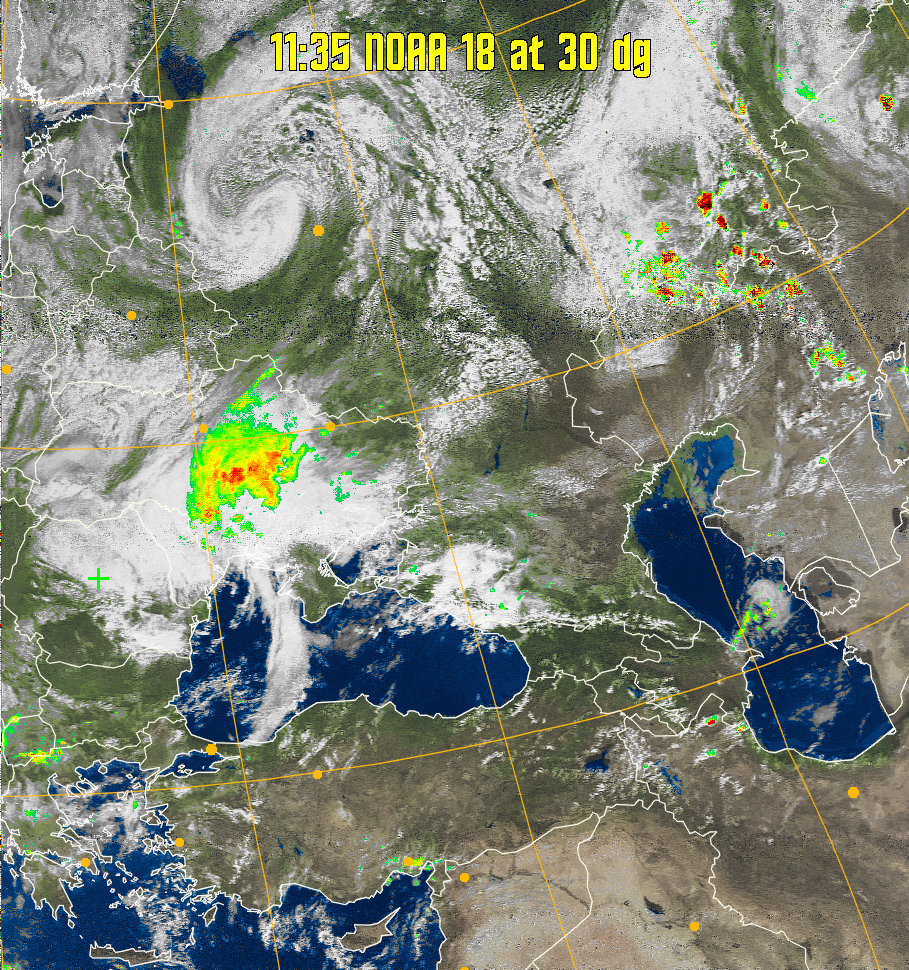 MSA-precip:
Same as MSA multispectral analysis, but high cold cloud tops are coloured the
same as the NO enhancement to give an approximate indication of the probability
and intensity of precipitation.