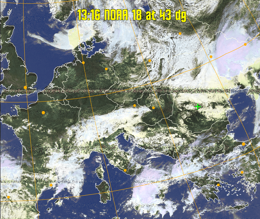 HVCT:
Similar to HVC, but with blue water and with colours more indicative of
land temperatures.
HVC:
Creates a false colour image from NOAA APT images based on temperature using
the HVC colour model. Uses the temperature derived from the sensor 4 image to
select the hue and the brightness from the histogram equalised other image to
select the value and chroma. The HVC colour model attempts to ensure that different colours at the same value will appear to the eye to be the same brightness
and the spacing between colours representing each degree will appear to the eye to
be similar. Bright areas are completely unsaturated in this model.