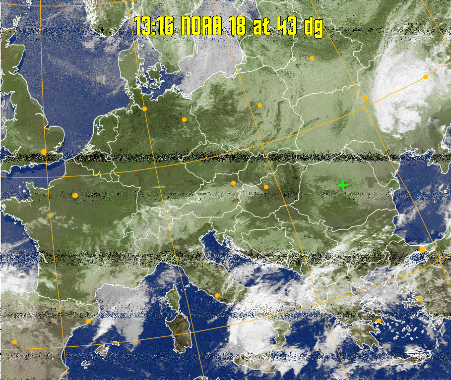 MCIR-precip: 
Colours the NOAA sensor 4 IR image using a map to colour the sea blue and land
green. High clouds appear white, lower clouds gray or land/sea coloured, clouds
generally appear lighter, but distinguishing between land/sea and low cloud may
be difficult. Darker colours indicate warmer regions.