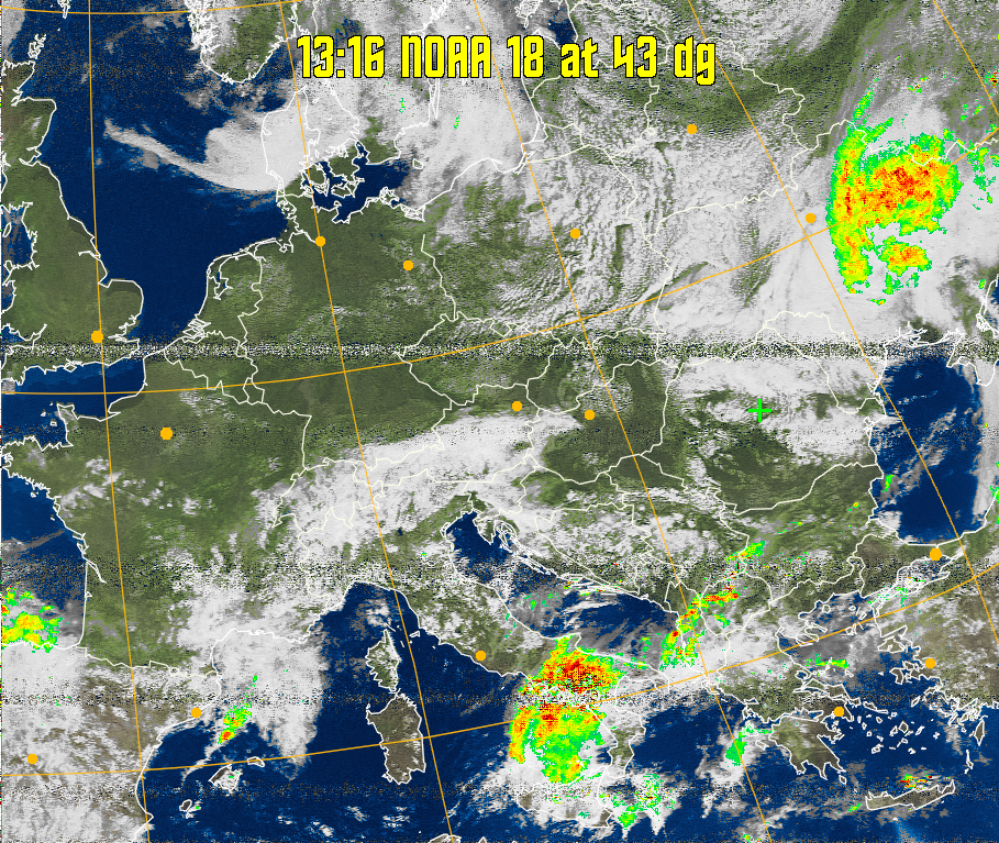 MSA-precip:
Same as MSA multispectral analysis, but high cold cloud tops are coloured the
same as the NO enhancement to give an approximate indication of the probability
and intensity of precipitation.