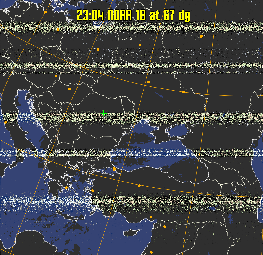 HVCT:
Similar to HVC, but with blue water and with colours more indicative of
land temperatures.
HVC:
Creates a false colour image from NOAA APT images based on temperature using
the HVC colour model. Uses the temperature derived from the sensor 4 image to
select the hue and the brightness from the histogram equalised other image to
select the value and chroma. The HVC colour model attempts to ensure that different colours at the same value will appear to the eye to be the same brightness
and the spacing between colours representing each degree will appear to the eye to
be similar. Bright areas are completely unsaturated in this model.