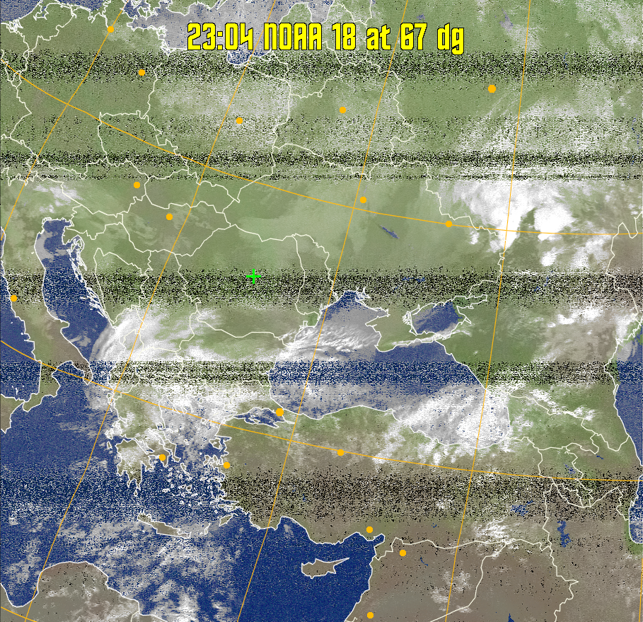 MCIR-precip: 
Colours the NOAA sensor 4 IR image using a map to colour the sea blue and land
green. High clouds appear white, lower clouds gray or land/sea coloured, clouds
generally appear lighter, but distinguishing between land/sea and low cloud may
be difficult. Darker colours indicate warmer regions.