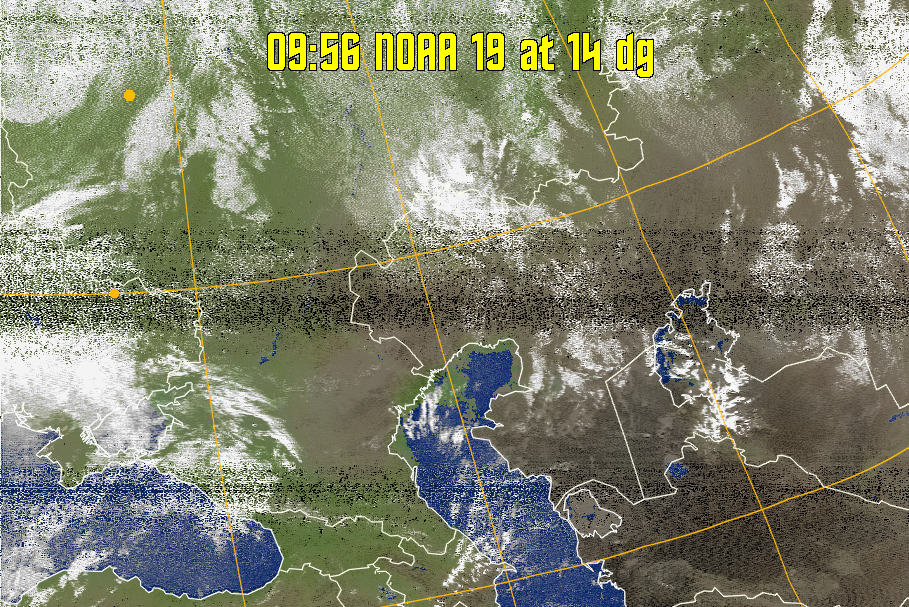 MCIR-precip: 
Colours the NOAA sensor 4 IR image using a map to colour the sea blue and land
green. High clouds appear white, lower clouds gray or land/sea coloured, clouds
generally appear lighter, but distinguishing between land/sea and low cloud may
be difficult. Darker colours indicate warmer regions.