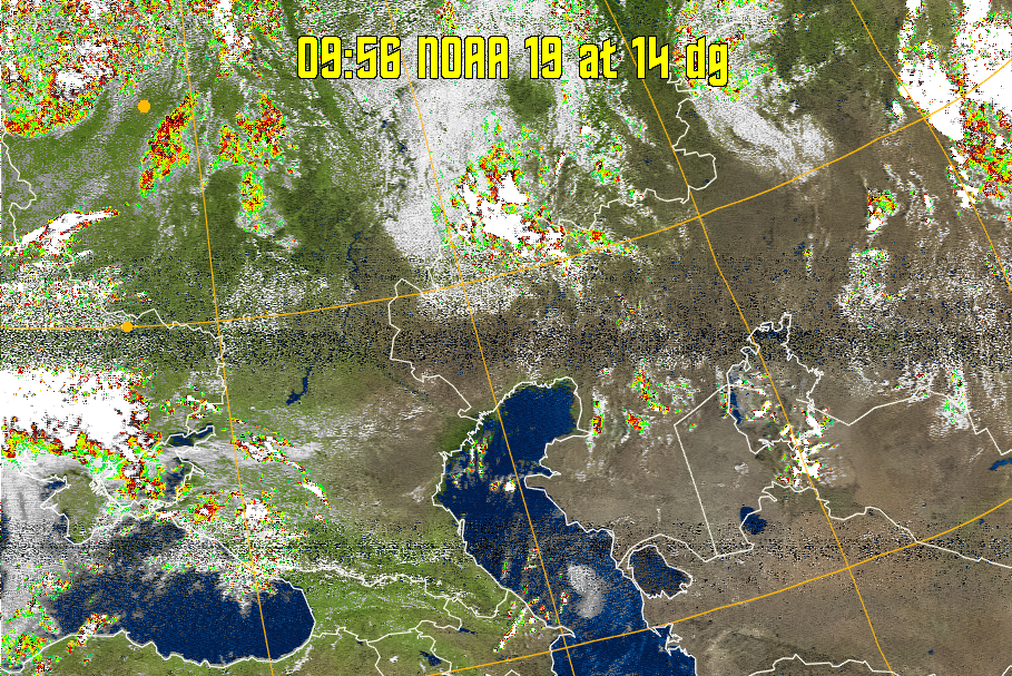 MSA-precip:
Same as MSA multispectral analysis, but high cold cloud tops are coloured the
same as the NO enhancement to give an approximate indication of the probability
and intensity of precipitation.