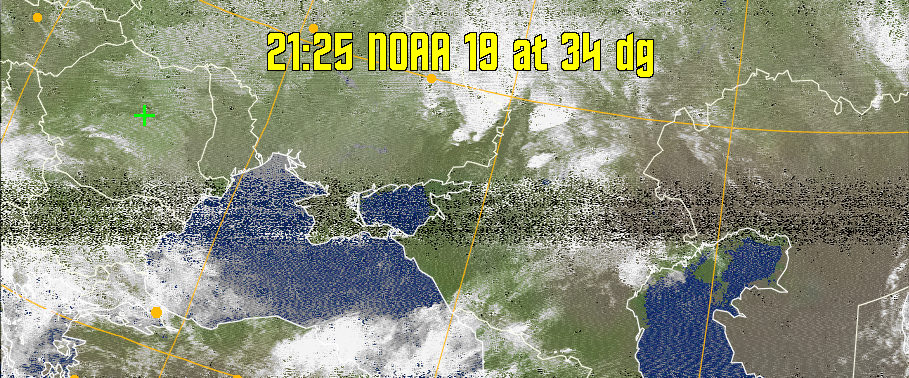 MCIR-precip: 
Colours the NOAA sensor 4 IR image using a map to colour the sea blue and land
green. High clouds appear white, lower clouds gray or land/sea coloured, clouds
generally appear lighter, but distinguishing between land/sea and low cloud may
be difficult. Darker colours indicate warmer regions.