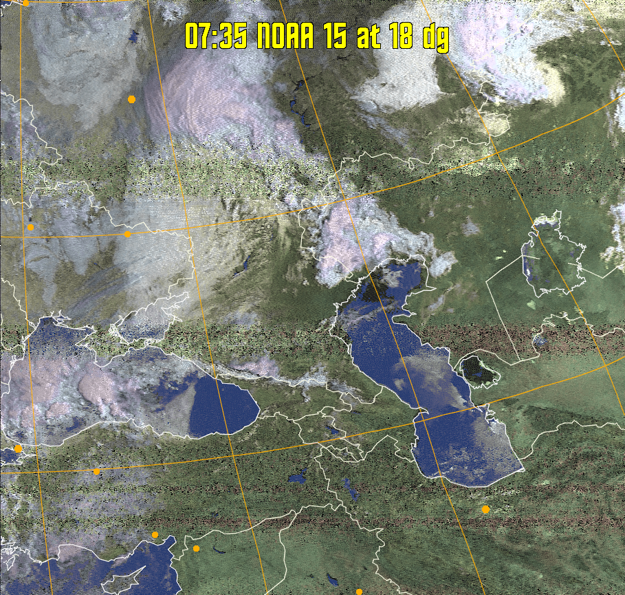HVCT:
Similar to HVC, but with blue water and with colours more indicative of
land temperatures.
HVC:
Creates a false colour image from NOAA APT images based on temperature using
the HVC colour model. Uses the temperature derived from the sensor 4 image to
select the hue and the brightness from the histogram equalised other image to
select the value and chroma. The HVC colour model attempts to ensure that different colours at the same value will appear to the eye to be the same brightness
and the spacing between colours representing each degree will appear to the eye to
be similar. Bright areas are completely unsaturated in this model.