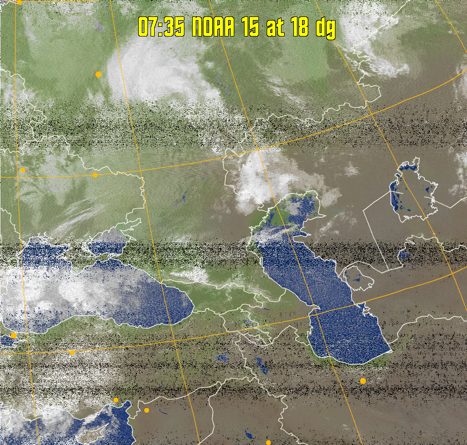 MCIR-precip: 
Colours the NOAA sensor 4 IR image using a map to colour the sea blue and land
green. High clouds appear white, lower clouds gray or land/sea coloured, clouds
generally appear lighter, but distinguishing between land/sea and low cloud may
be difficult. Darker colours indicate warmer regions.