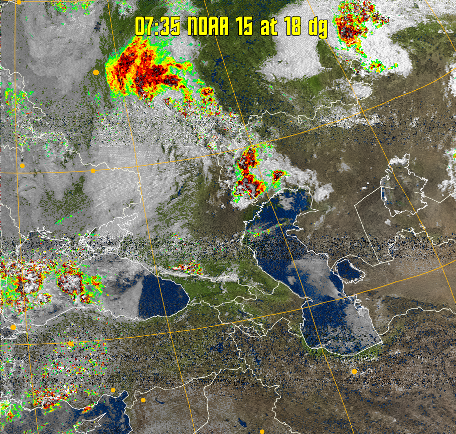 MSA-precip:
Same as MSA multispectral analysis, but high cold cloud tops are coloured the
same as the NO enhancement to give an approximate indication of the probability
and intensity of precipitation.