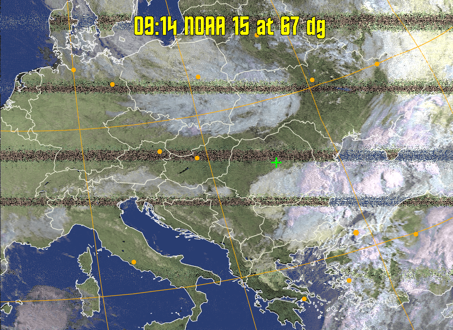 HVCT:
Similar to HVC, but with blue water and with colours more indicative of
land temperatures.
HVC:
Creates a false colour image from NOAA APT images based on temperature using
the HVC colour model. Uses the temperature derived from the sensor 4 image to
select the hue and the brightness from the histogram equalised other image to
select the value and chroma. The HVC colour model attempts to ensure that different colours at the same value will appear to the eye to be the same brightness
and the spacing between colours representing each degree will appear to the eye to
be similar. Bright areas are completely unsaturated in this model.