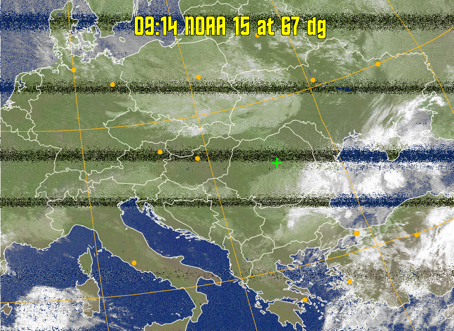 MCIR-precip: 
Colours the NOAA sensor 4 IR image using a map to colour the sea blue and land
green. High clouds appear white, lower clouds gray or land/sea coloured, clouds
generally appear lighter, but distinguishing between land/sea and low cloud may
be difficult. Darker colours indicate warmer regions.