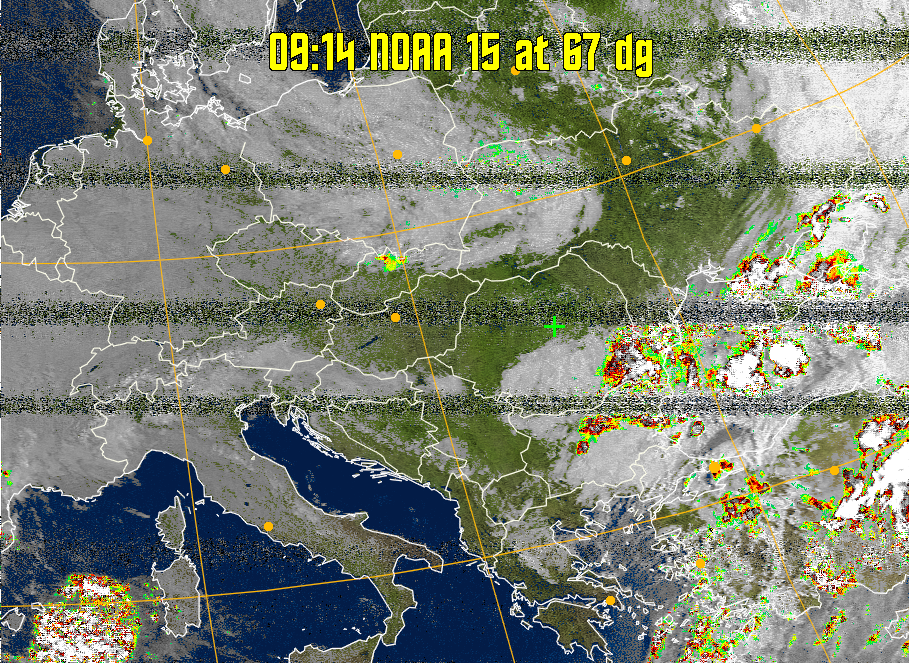 MSA-precip:
Same as MSA multispectral analysis, but high cold cloud tops are coloured the
same as the NO enhancement to give an approximate indication of the probability
and intensity of precipitation.