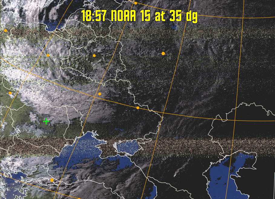 HVCT:
Similar to HVC, but with blue water and with colours more indicative of
land temperatures.
HVC:
Creates a false colour image from NOAA APT images based on temperature using
the HVC colour model. Uses the temperature derived from the sensor 4 image to
select the hue and the brightness from the histogram equalised other image to
select the value and chroma. The HVC colour model attempts to ensure that different colours at the same value will appear to the eye to be the same brightness
and the spacing between colours representing each degree will appear to the eye to
be similar. Bright areas are completely unsaturated in this model.