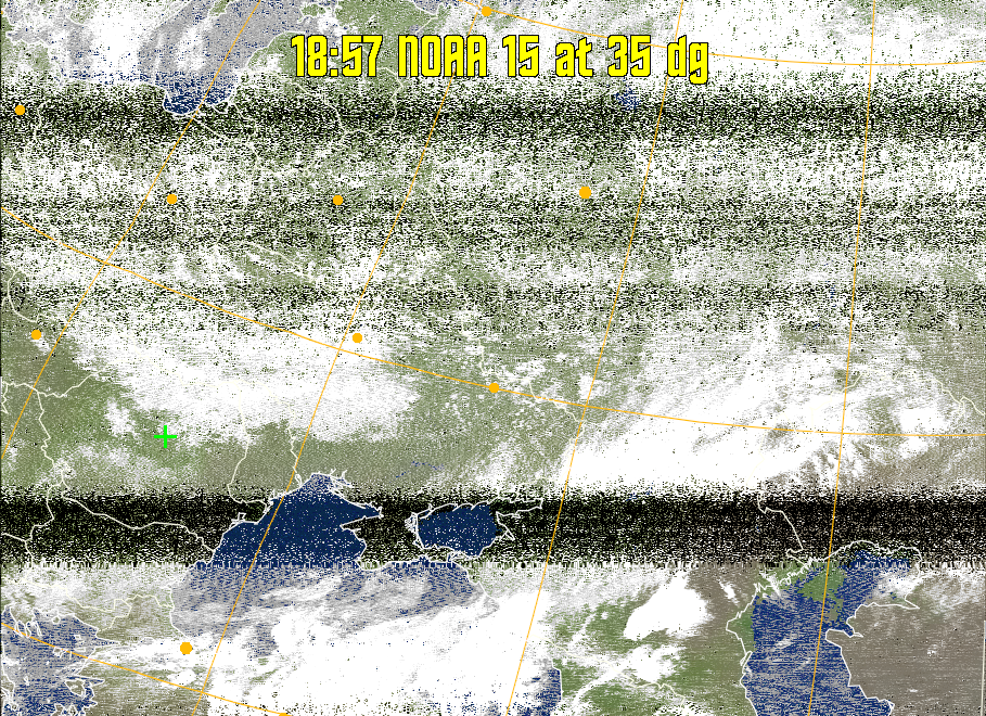 MCIR-precip: 
Colours the NOAA sensor 4 IR image using a map to colour the sea blue and land
green. High clouds appear white, lower clouds gray or land/sea coloured, clouds
generally appear lighter, but distinguishing between land/sea and low cloud may
be difficult. Darker colours indicate warmer regions.