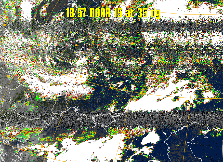 MSA-precip:
Same as MSA multispectral analysis, but high cold cloud tops are coloured the
same as the NO enhancement to give an approximate indication of the probability
and intensity of precipitation.