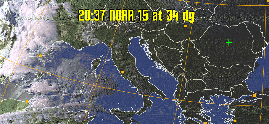 HVCT:
Similar to HVC, but with blue water and with colours more indicative of
land temperatures.
HVC:
Creates a false colour image from NOAA APT images based on temperature using
the HVC colour model. Uses the temperature derived from the sensor 4 image to
select the hue and the brightness from the histogram equalised other image to
select the value and chroma. The HVC colour model attempts to ensure that different colours at the same value will appear to the eye to be the same brightness
and the spacing between colours representing each degree will appear to the eye to
be similar. Bright areas are completely unsaturated in this model.