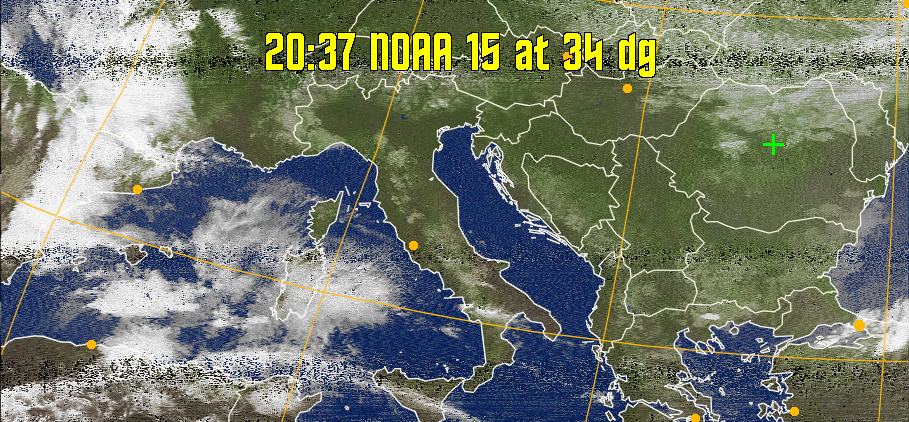 MCIR-precip: 
Colours the NOAA sensor 4 IR image using a map to colour the sea blue and land
green. High clouds appear white, lower clouds gray or land/sea coloured, clouds
generally appear lighter, but distinguishing between land/sea and low cloud may
be difficult. Darker colours indicate warmer regions.