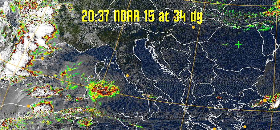 MSA-precip:
Same as MSA multispectral analysis, but high cold cloud tops are coloured the
same as the NO enhancement to give an approximate indication of the probability
and intensity of precipitation.