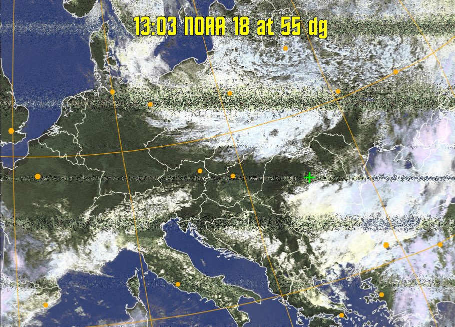 HVCT:
Similar to HVC, but with blue water and with colours more indicative of
land temperatures.
HVC:
Creates a false colour image from NOAA APT images based on temperature using
the HVC colour model. Uses the temperature derived from the sensor 4 image to
select the hue and the brightness from the histogram equalised other image to
select the value and chroma. The HVC colour model attempts to ensure that different colours at the same value will appear to the eye to be the same brightness
and the spacing between colours representing each degree will appear to the eye to
be similar. Bright areas are completely unsaturated in this model.