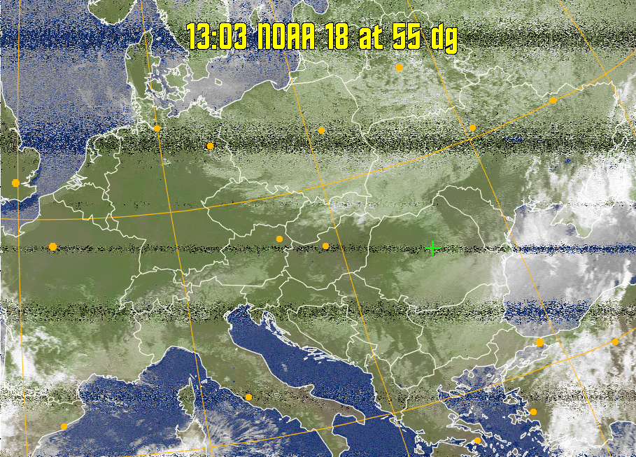 MCIR-precip: 
Colours the NOAA sensor 4 IR image using a map to colour the sea blue and land
green. High clouds appear white, lower clouds gray or land/sea coloured, clouds
generally appear lighter, but distinguishing between land/sea and low cloud may
be difficult. Darker colours indicate warmer regions.