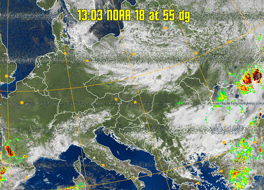 MSA-precip:
Same as MSA multispectral analysis, but high cold cloud tops are coloured the
same as the NO enhancement to give an approximate indication of the probability
and intensity of precipitation.