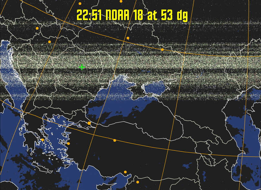HVCT:
Similar to HVC, but with blue water and with colours more indicative of
land temperatures.
HVC:
Creates a false colour image from NOAA APT images based on temperature using
the HVC colour model. Uses the temperature derived from the sensor 4 image to
select the hue and the brightness from the histogram equalised other image to
select the value and chroma. The HVC colour model attempts to ensure that different colours at the same value will appear to the eye to be the same brightness
and the spacing between colours representing each degree will appear to the eye to
be similar. Bright areas are completely unsaturated in this model.